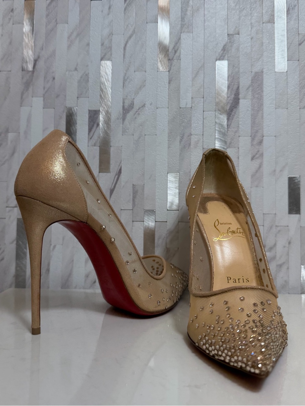 💎Christian Louboutin Nude Follies Strass Suede Rhinestones Heels 100 Size 39 - Picture 3 of 15